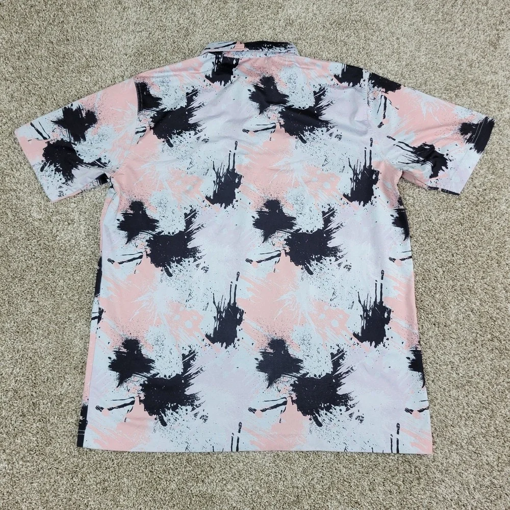 Waggle Mens XL Black White Pink AOP Paint Splatter Performance Stretch Golf Polo - Picture 3 of 5